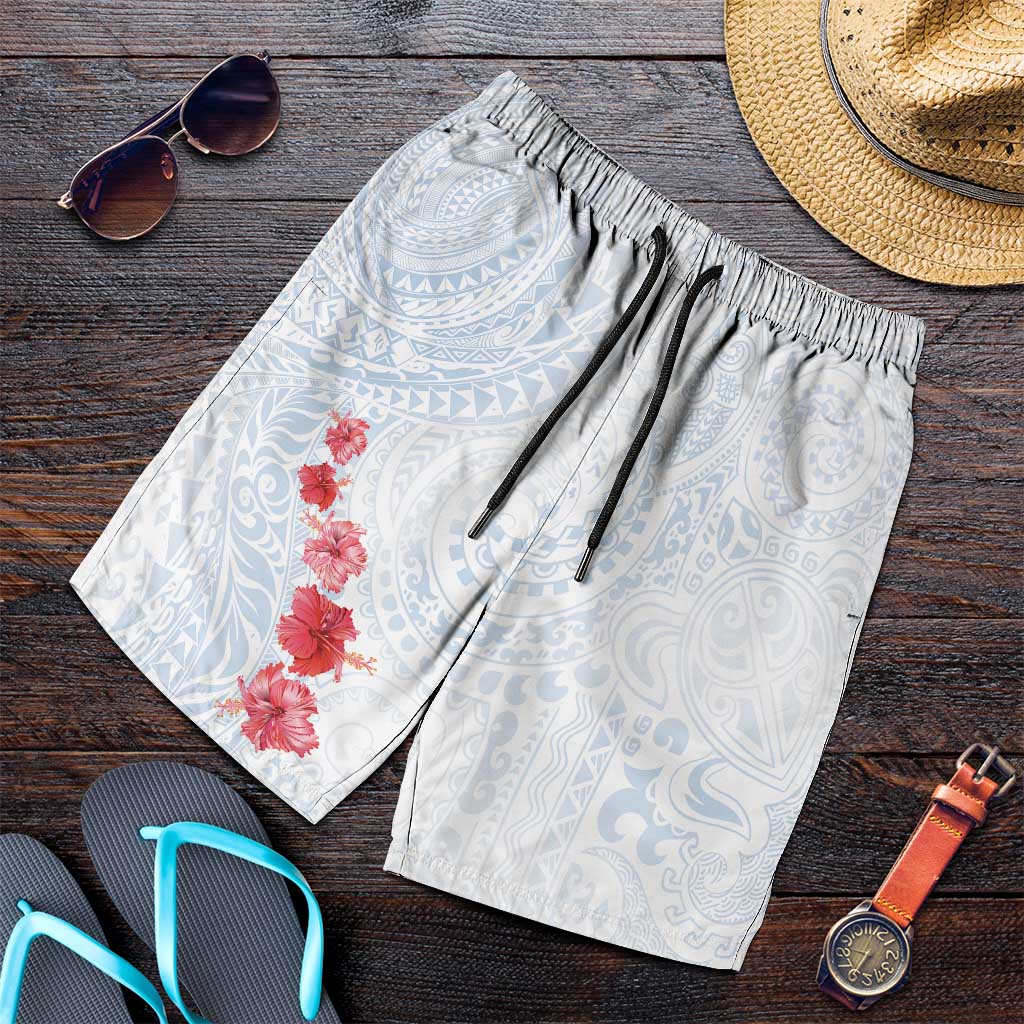 Hawaiian Tribal Tattoo and Hibiscus Shorts for Men Polynesian Pattern Airy White Blue Cloud