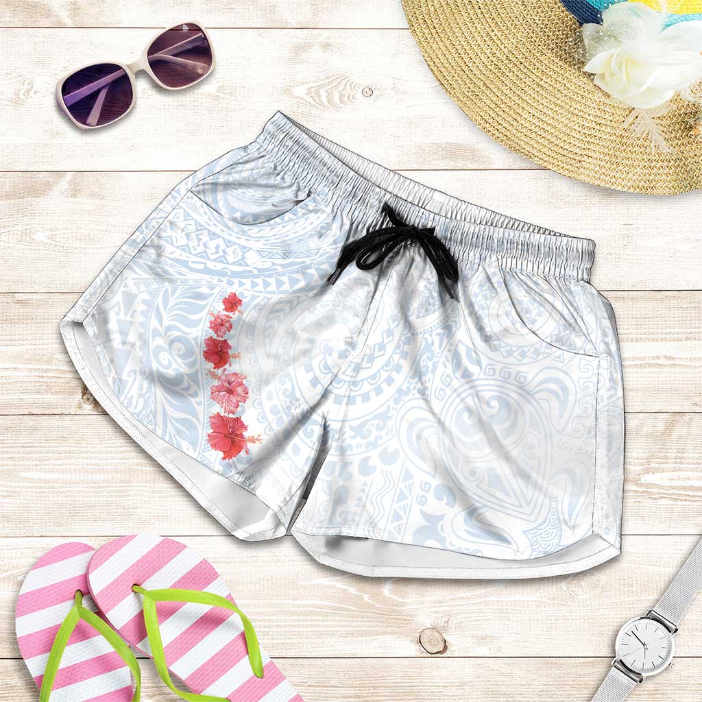 Hawaiian Tribal Tattoo and Hibiscus Shorts for Women Polynesian Pattern Airy White Blue Cloud