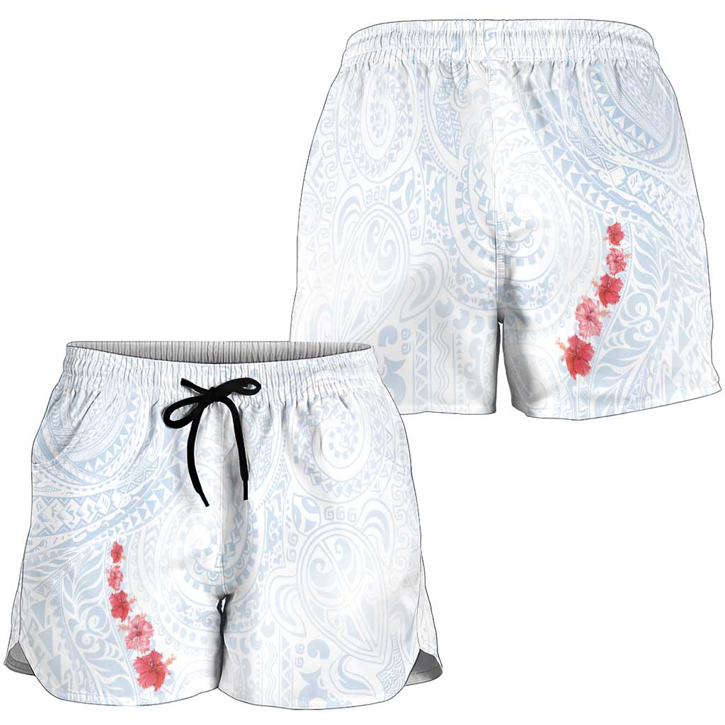 Hawaiian Tribal Tattoo and Hibiscus Shorts for Women Polynesian Pattern Airy White Blue Cloud