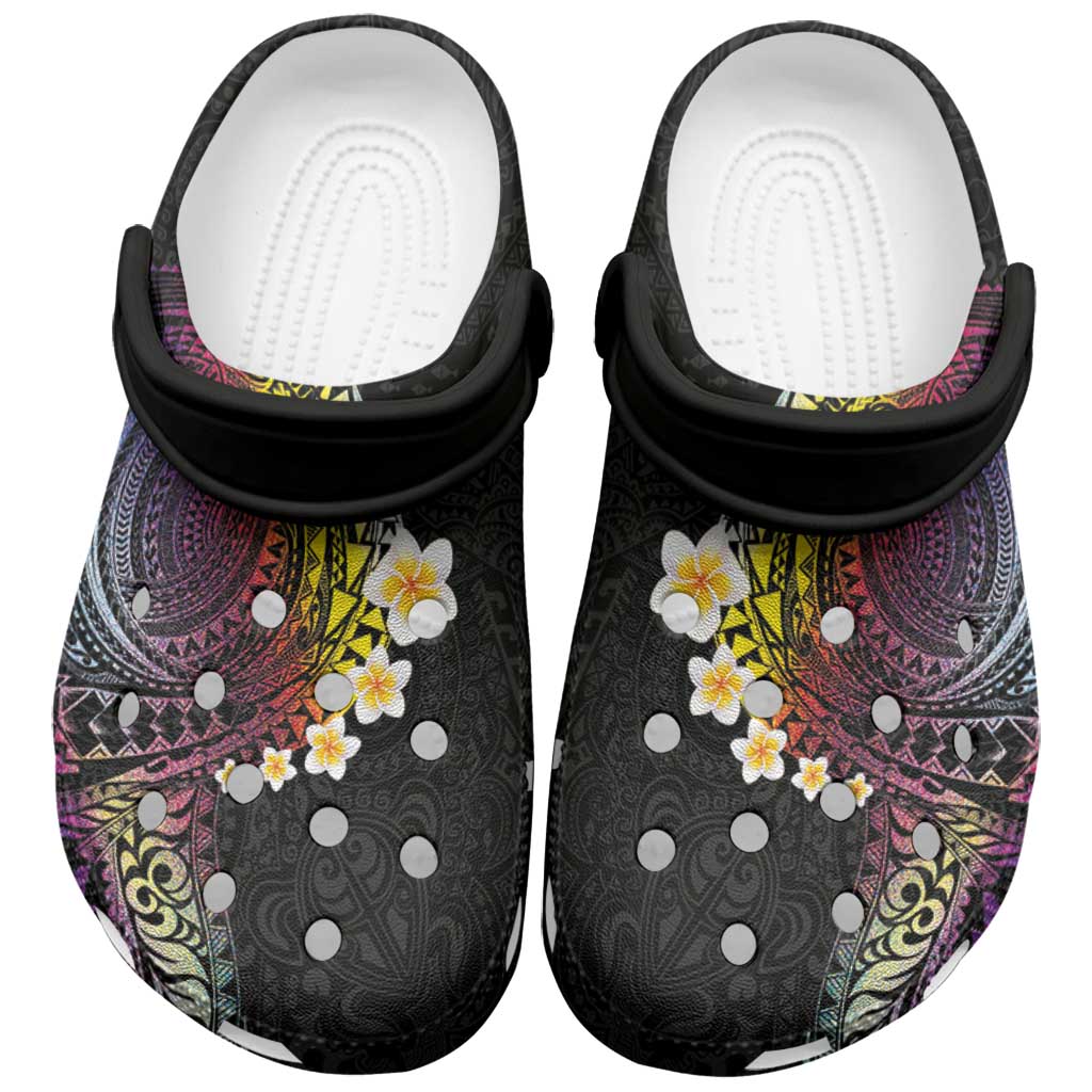 Hawaiian Tribal Tattoo and Plumeria Clogs Shoes Polynesian Pattern Rainbow