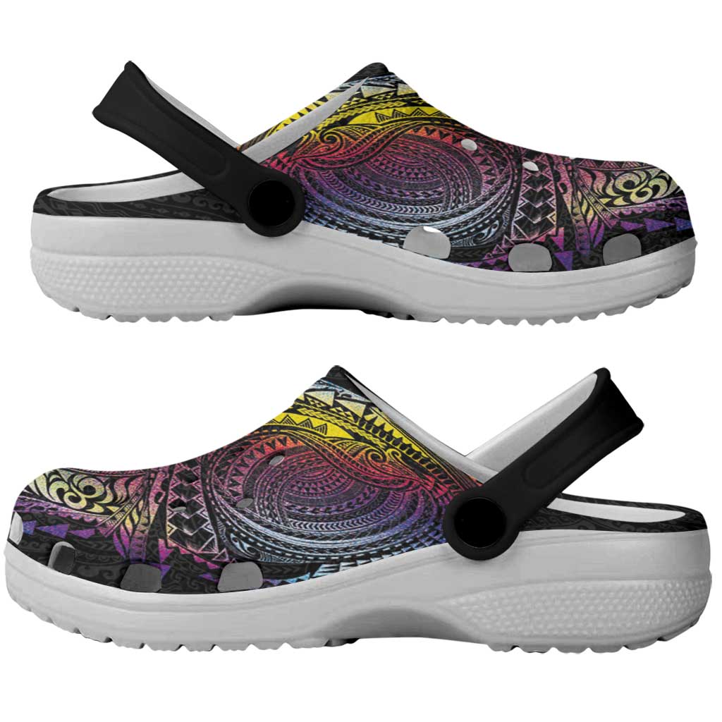 Hawaiian Tribal Tattoo and Plumeria Clogs Shoes Polynesian Pattern Rainbow