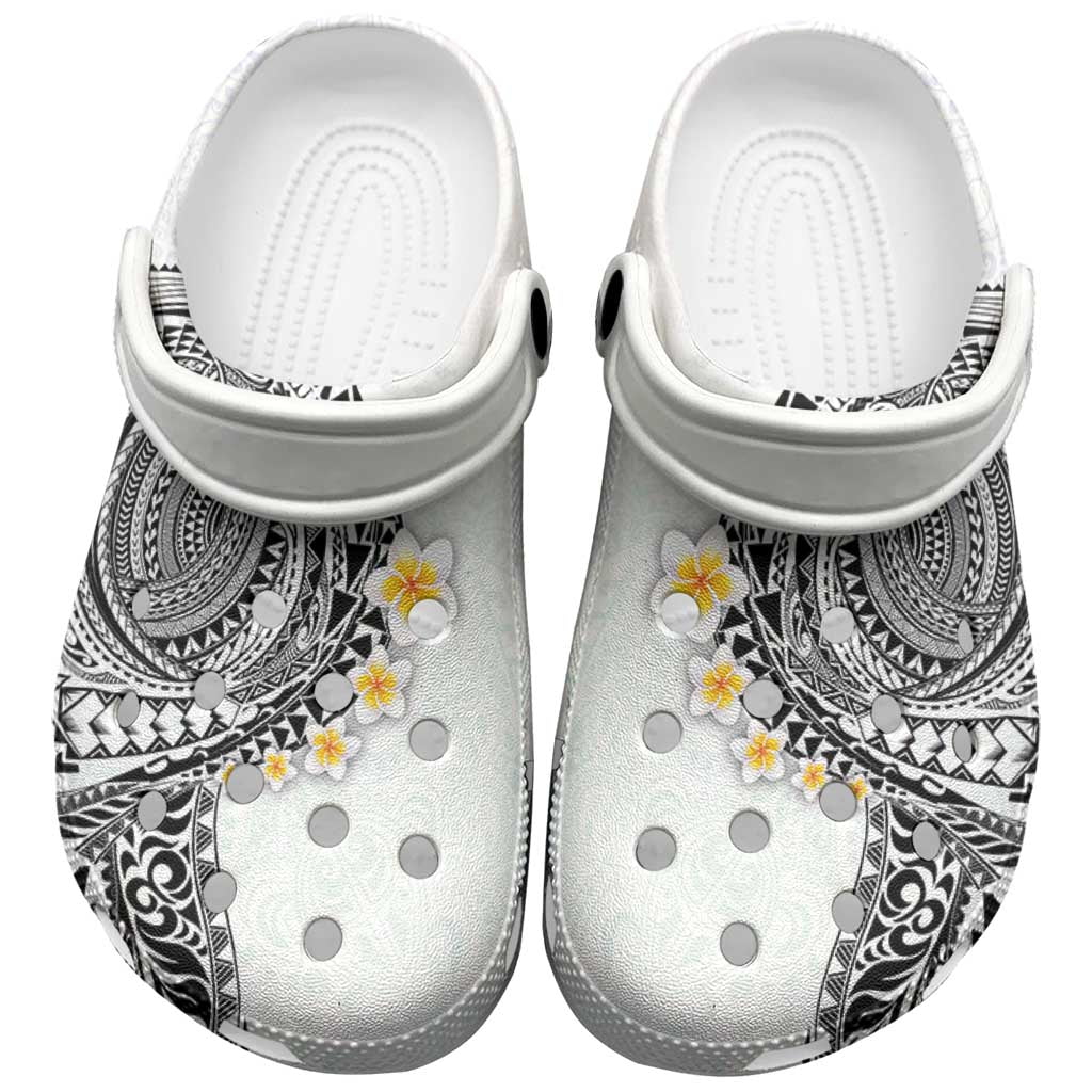 Hawaiian Tribal Tattoo and Plumeria Clogs Shoes Polynesian Pattern White Color