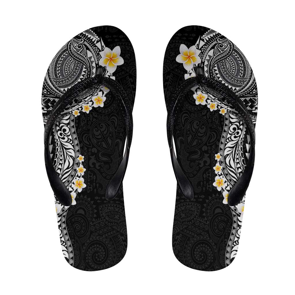 Hawaiian Tribal Tattoo and Plumeria Flip Flops Polynesian Pattern Black Color