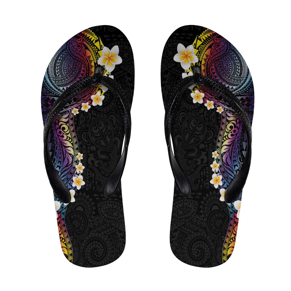 Hawaiian Tribal Tattoo and Plumeria Flip Flops Polynesian Pattern Rainbow