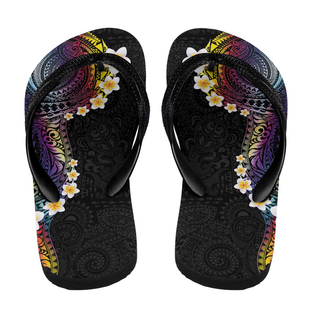 Hawaiian Tribal Tattoo and Plumeria Flip Flops Polynesian Pattern Rainbow