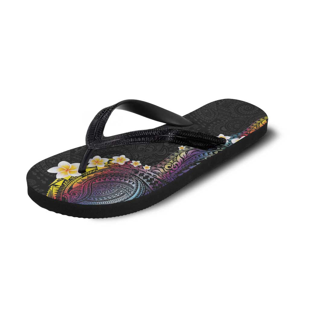 Hawaiian Tribal Tattoo and Plumeria Flip Flops Polynesian Pattern Rainbow