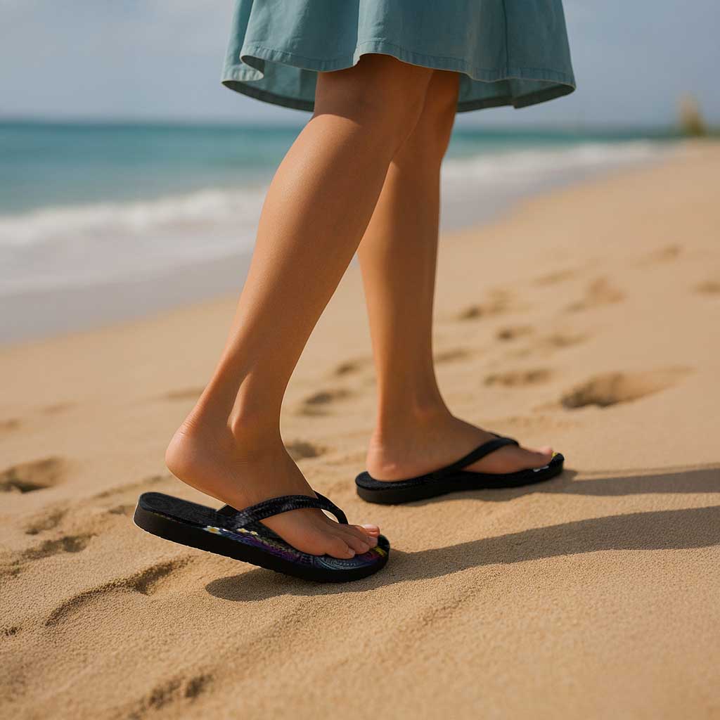 Hawaiian Tribal Tattoo and Plumeria Flip Flops Polynesian Pattern Rainbow