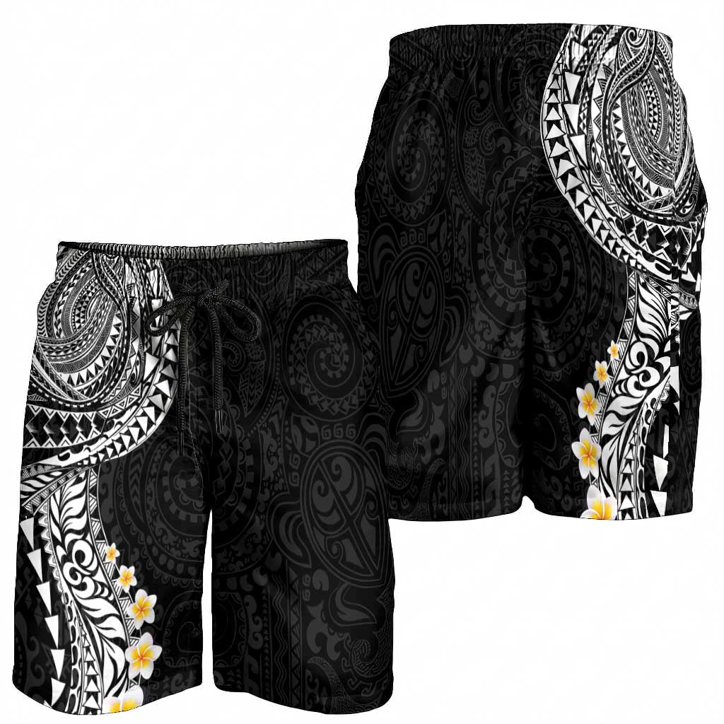 Hawaiian Tribal Tattoo and Plumeria Shorts for Men Polynesian Pattern Black Color