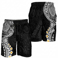 Hawaiian Tribal Tattoo and Plumeria Shorts for Men Polynesian Pattern Black Color