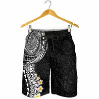 Hawaiian Tribal Tattoo and Plumeria Shorts for Men Polynesian Pattern Black Color