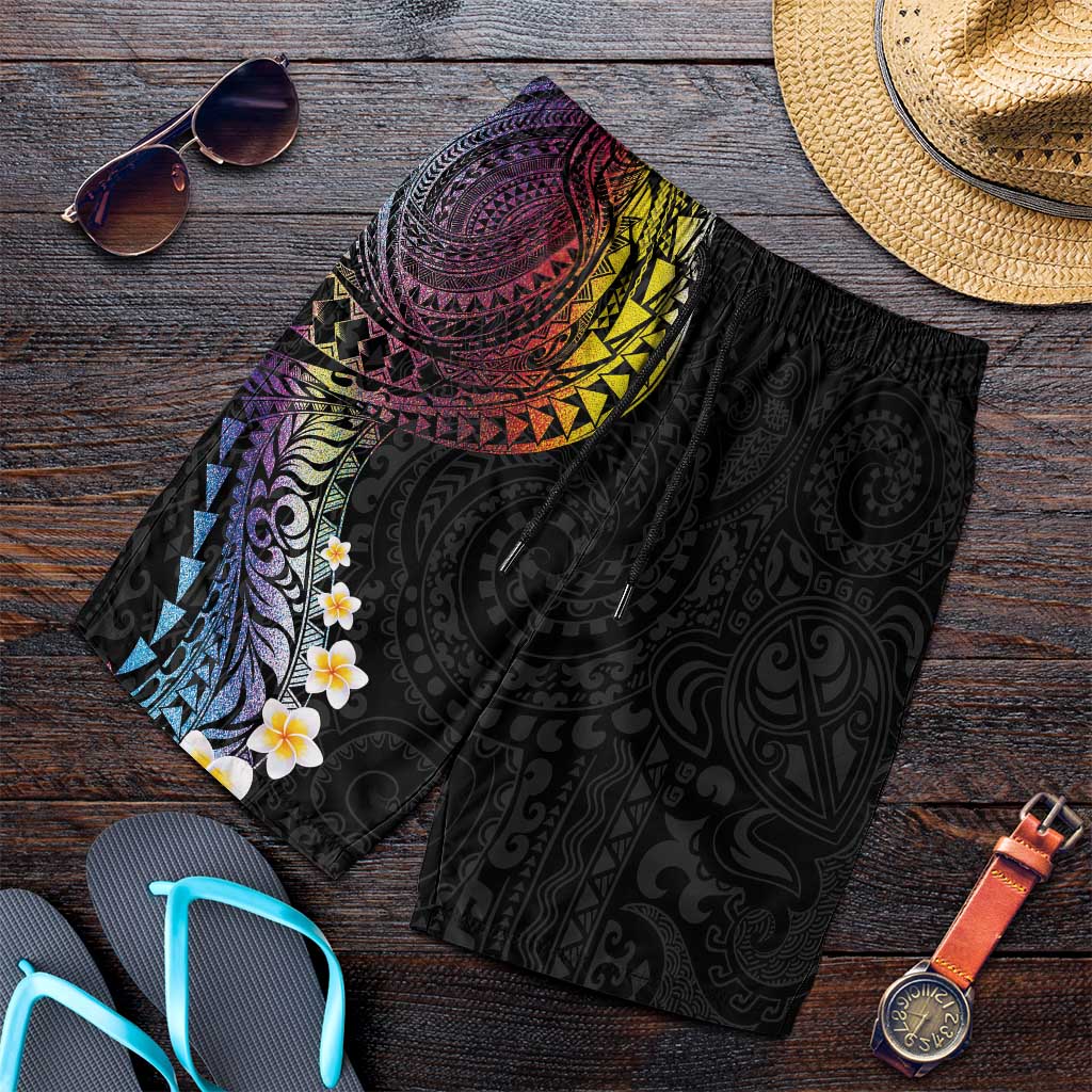 Hawaiian Tribal Tattoo and Plumeria Shorts for Men Polynesian Pattern Rainbow