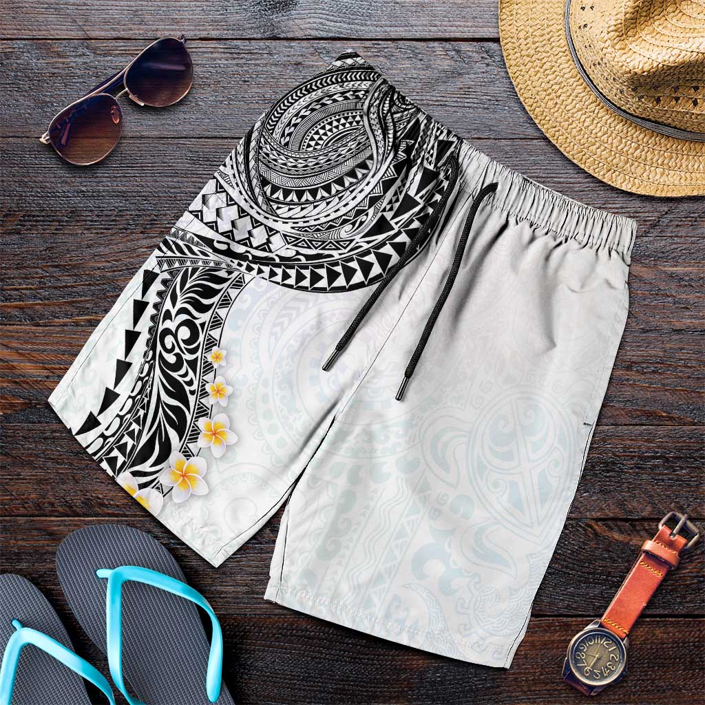Hawaiian Tribal Tattoo and Plumeria Shorts for Men Polynesian Pattern White Color