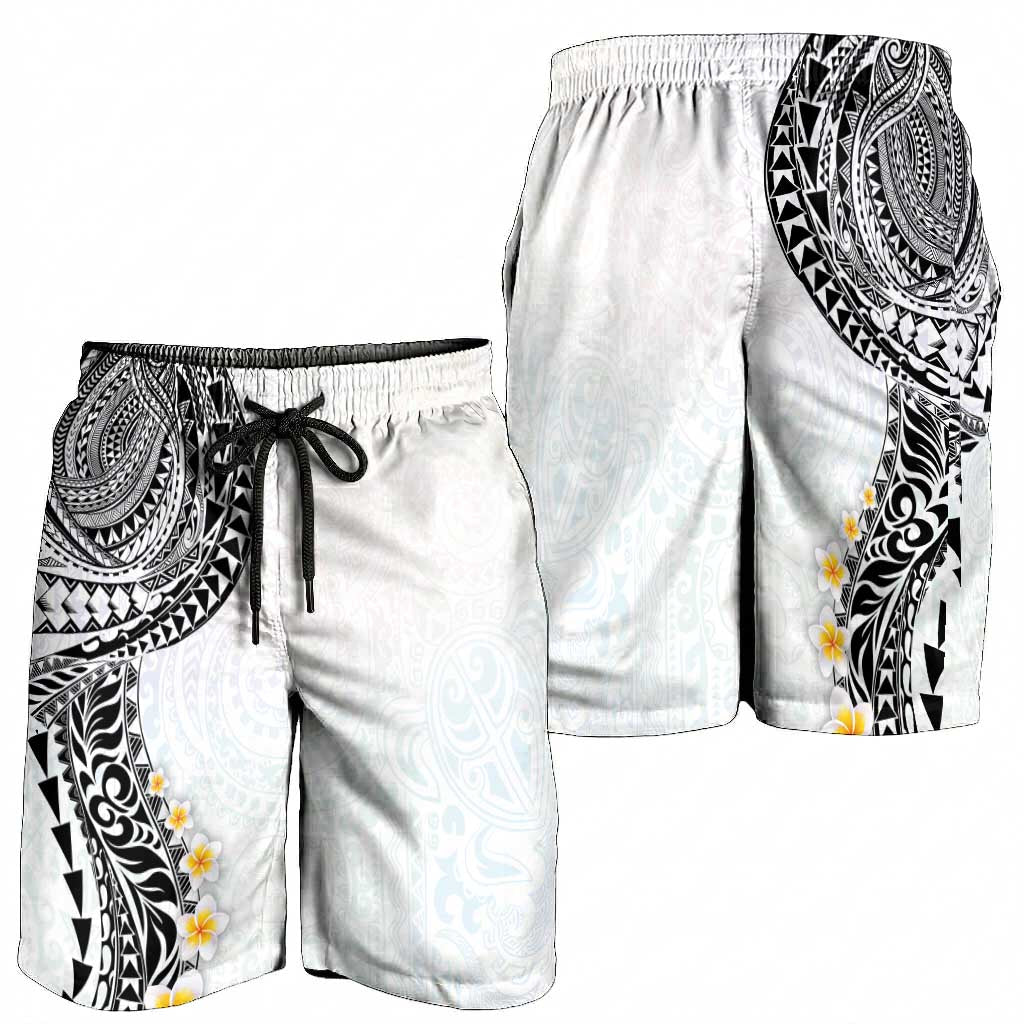 Hawaiian Tribal Tattoo and Plumeria Shorts for Men Polynesian Pattern White Color
