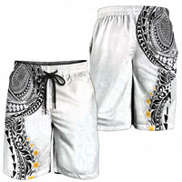 Hawaiian Tribal Tattoo and Plumeria Shorts for Men Polynesian Pattern White Color