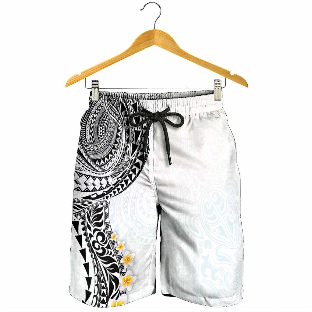 Hawaiian Tribal Tattoo and Plumeria Shorts for Men Polynesian Pattern White Color