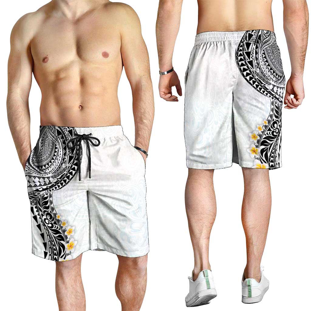 Hawaiian Tribal Tattoo and Plumeria Shorts for Men Polynesian Pattern White Color