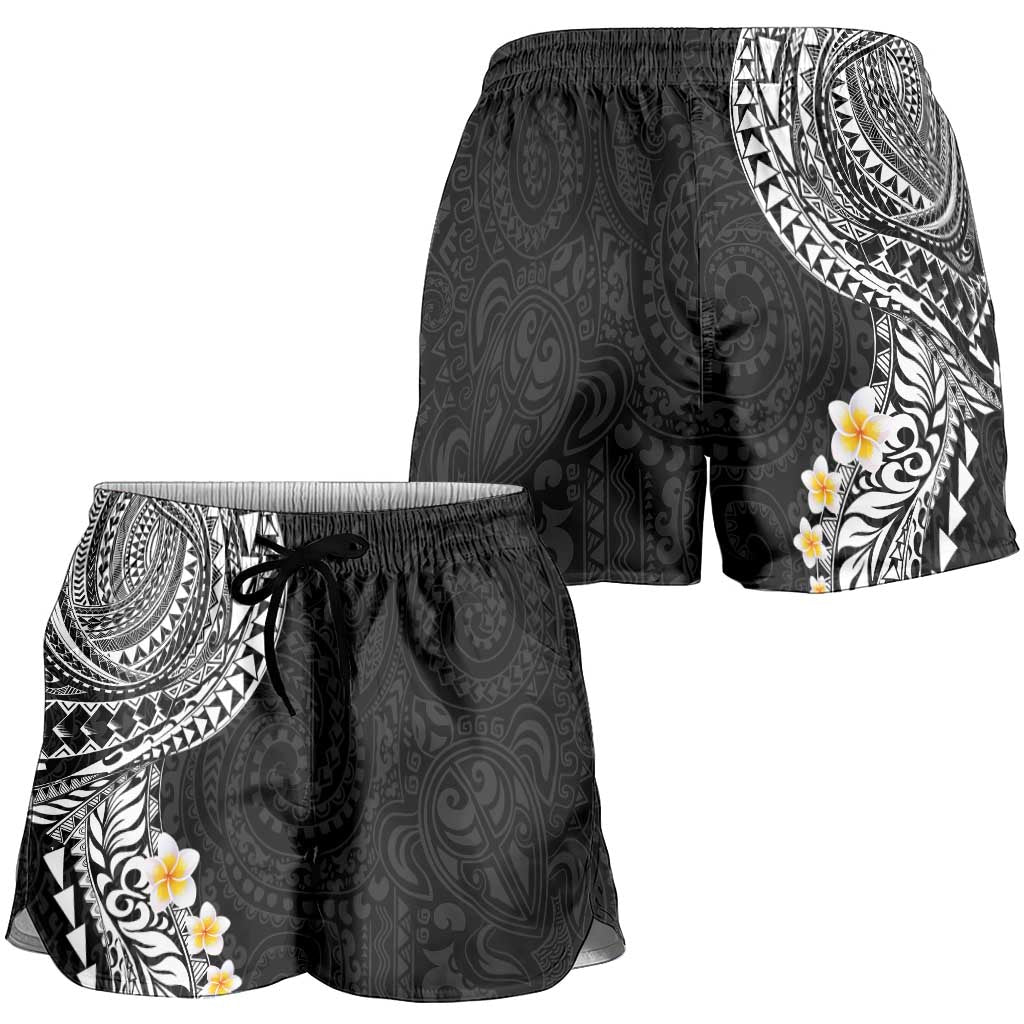 Hawaiian Tribal Tattoo and Plumeria Shorts for Women Polynesian Pattern Black Color