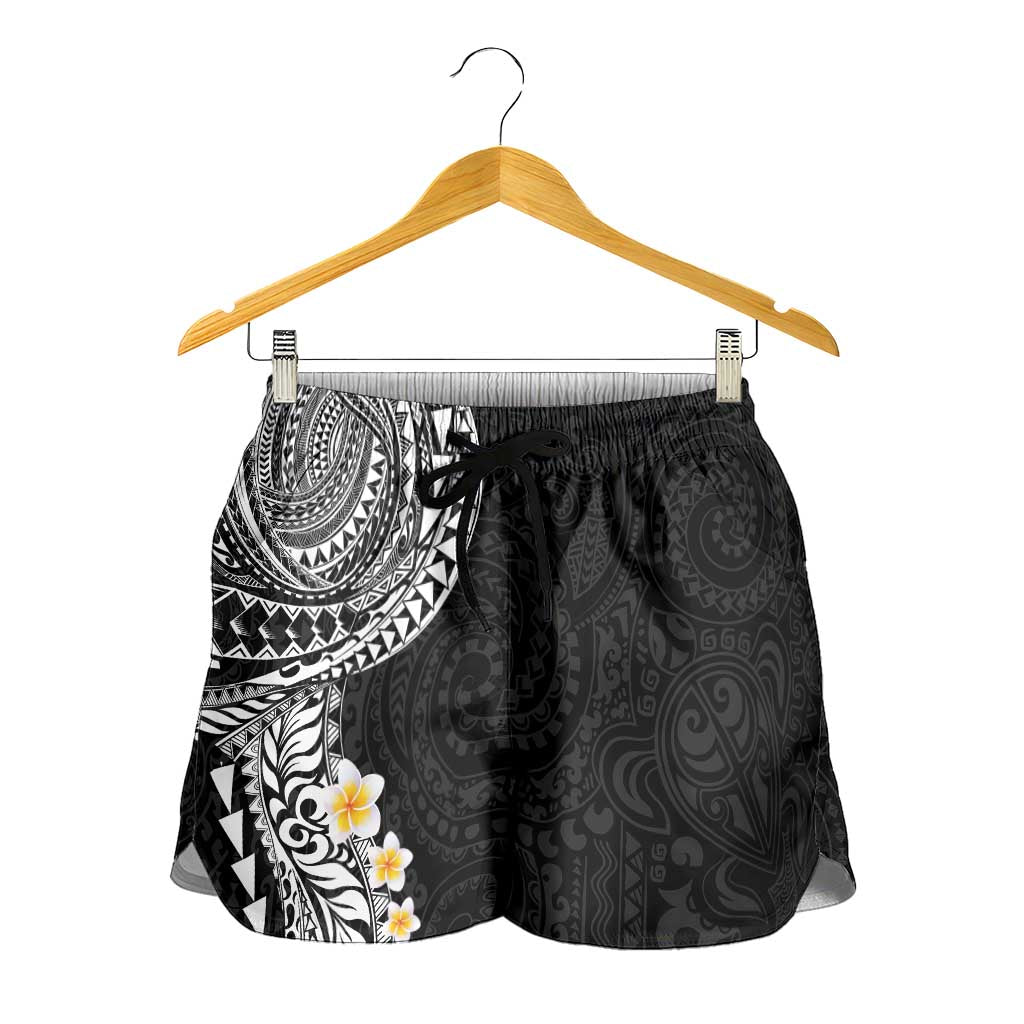 Hawaiian Tribal Tattoo and Plumeria Shorts for Women Polynesian Pattern Black Color