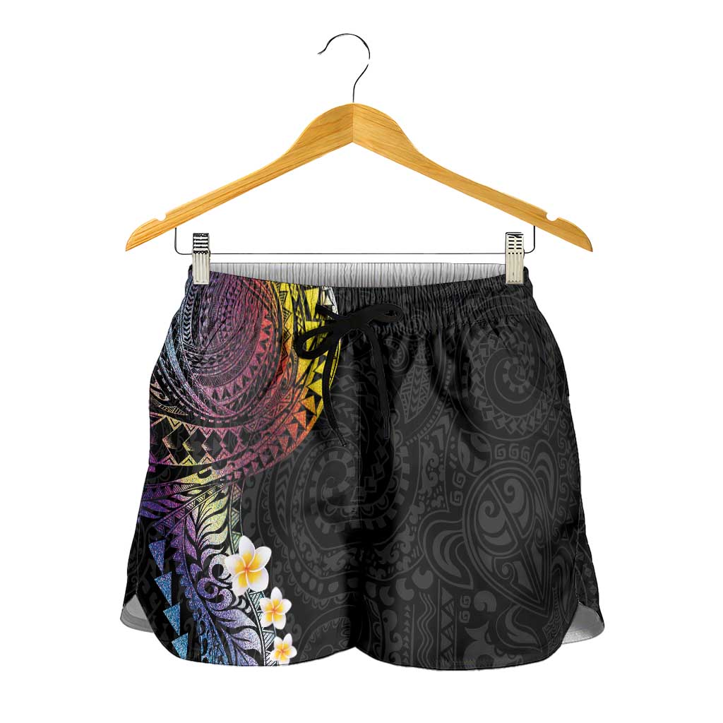 Hawaiian Tribal Tattoo and Plumeria Shorts for Women Polynesian Pattern Rainbow