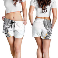 Hawaiian Tribal Tattoo and Plumeria Shorts for Women Polynesian Pattern White Color
