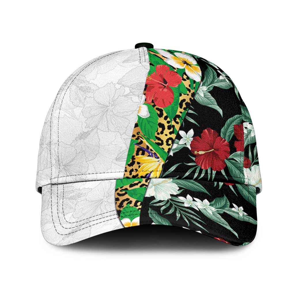 Hawaiian Tropical Flowers and Leaves Classic Cap Leopard Pattern Half White Black Version LT03