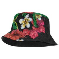 Hawaiian Tropical Flowers and Maile Pikake Bucket Hat Polynesian Tribal Pattern Black Color LT03
