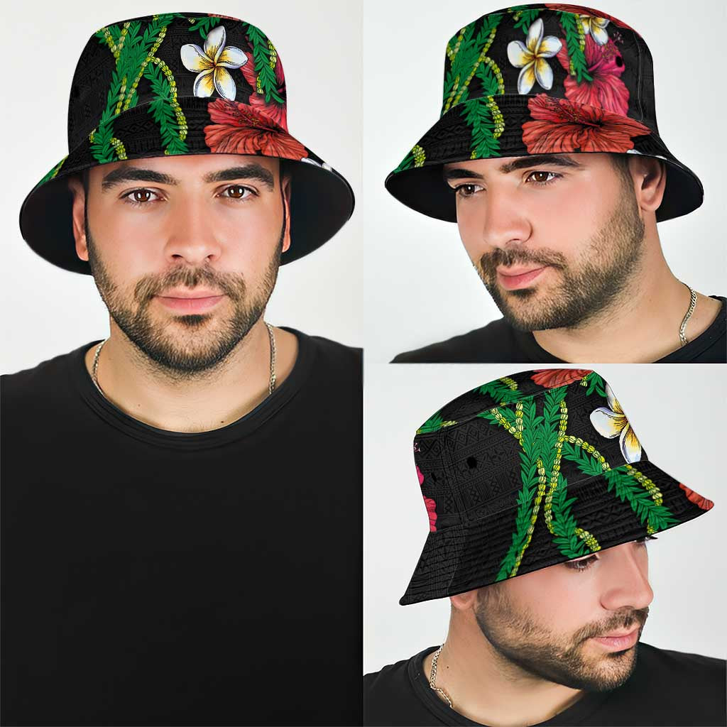 Hawaiian Tropical Flowers and Maile Pikake Bucket Hat Polynesian Tribal Pattern Black Color LT03