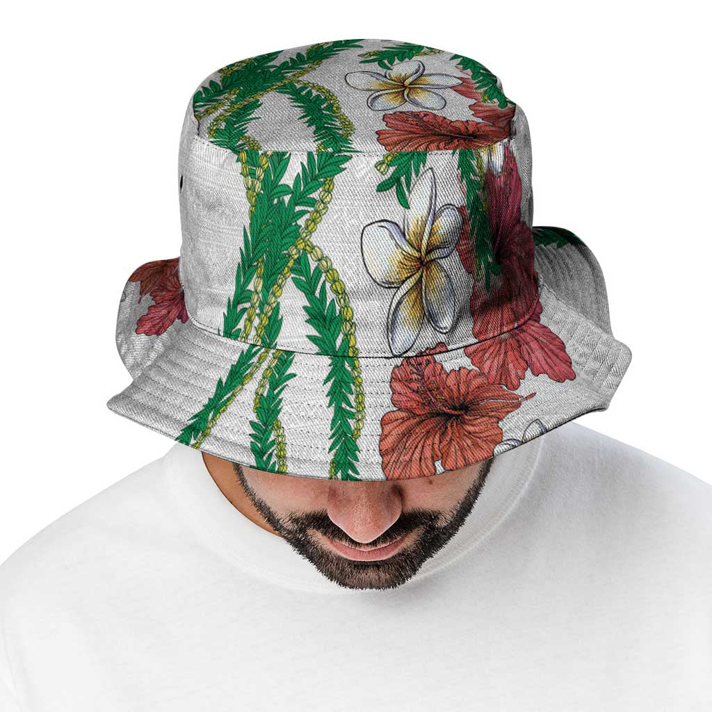 Hawaiian Tropical Flowers and Maile Pikake Bucket Hat Polynesian Tribal Pattern White Color LT03