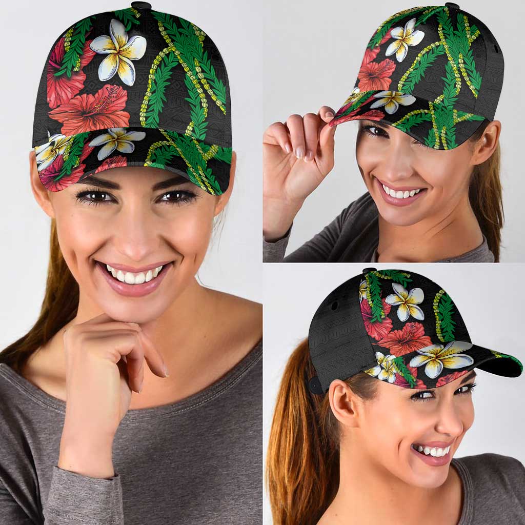 Hawaiian Tropical Flowers and Maile Pikake Classic Cap Polynesian Tribal Pattern Black Color LT03