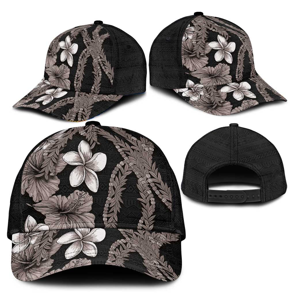 Hawaiian Tropical Flowers and Maile Pikake Classic Cap Polynesian Tribal Pattern Grayscale Mode LT03