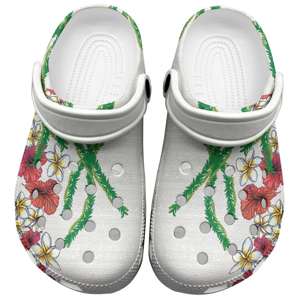 Hawaiian Tropical Flowers and Maile Pikake Clogs Shoes Polynesian Tribal Pattern White Color LT03 White - Polynesian Pride