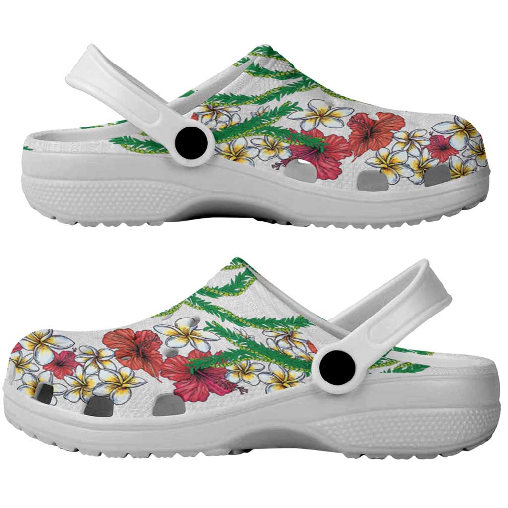 Hawaiian Tropical Flowers and Maile Pikake Clogs Shoes Polynesian Tribal Pattern White Color LT03 - Polynesian Pride