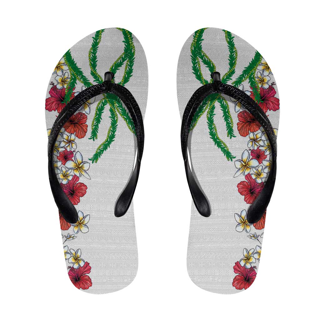 Hawaiian Tropical Flowers and Maile Pikake Flip Flops Polynesian Tribal Pattern White Color LT03 White - Polynesian Pride