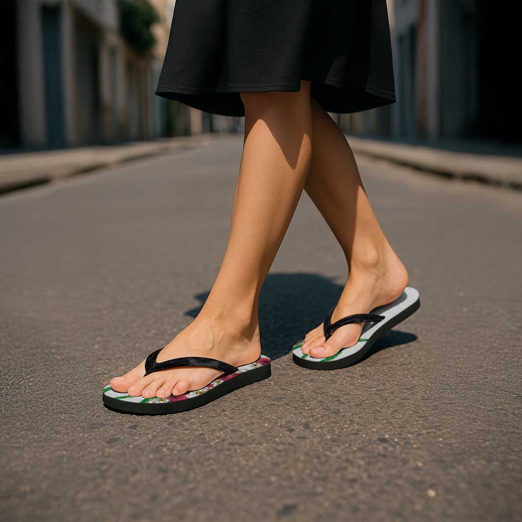 Hawaiian Tropical Flowers and Maile Pikake Flip Flops Polynesian Tribal Pattern White Color LT03 - Polynesian Pride