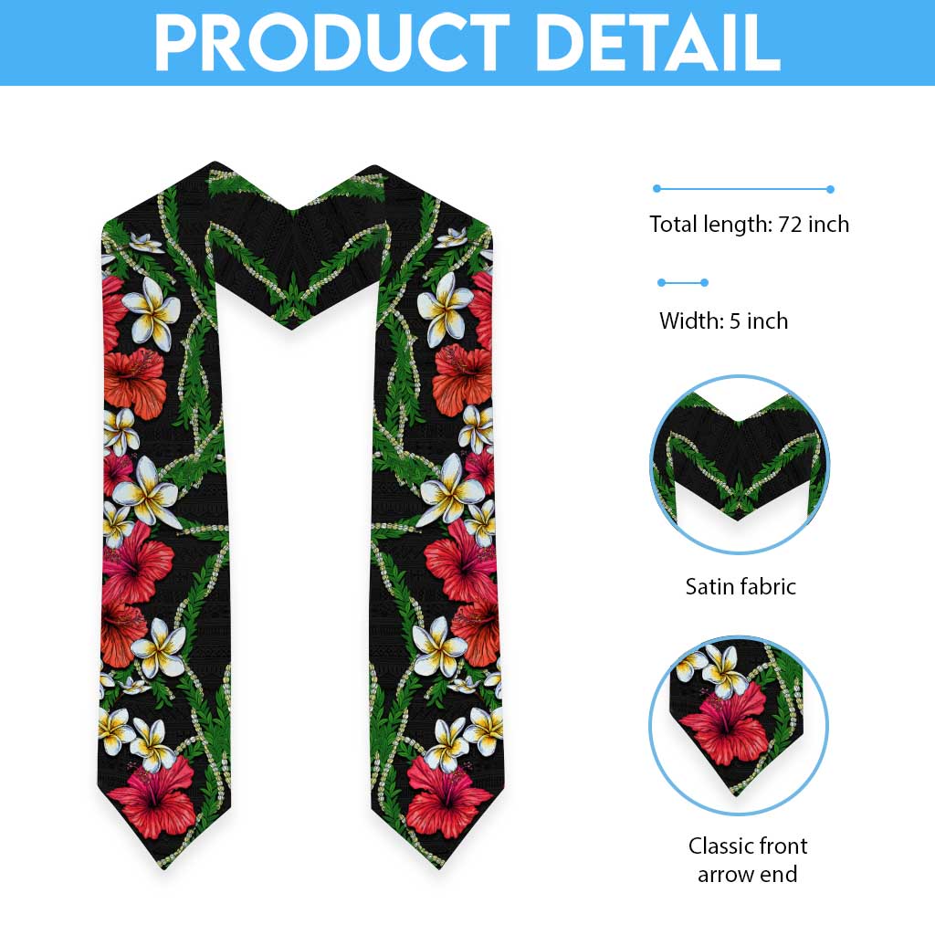 Hawaiian Tropical Flowers and Maile Pikake Graduation Stole Polynesian Tribal Pattern Black Color
