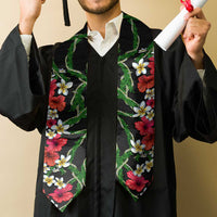 Hawaiian Tropical Flowers and Maile Pikake Graduation Stole Polynesian Tribal Pattern Black Color