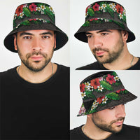 Hawaiian Tropical Flowers and Tribal Polynesian Tattoo Bucket Hat Black Color LT03