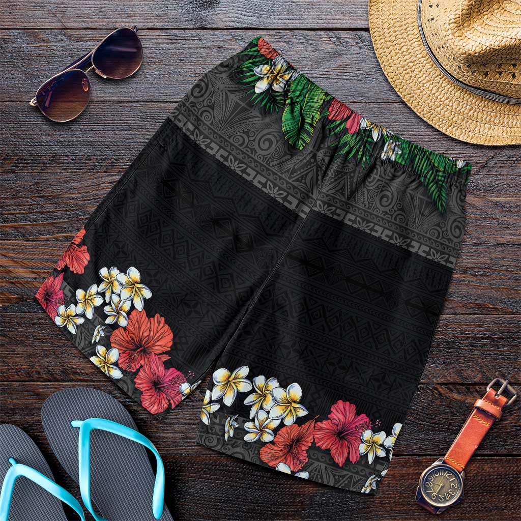 Hawaiian Tropical Flowers and Tribal Polynesian Tattoo Shorts for Men Black Color - Polynesian Pride