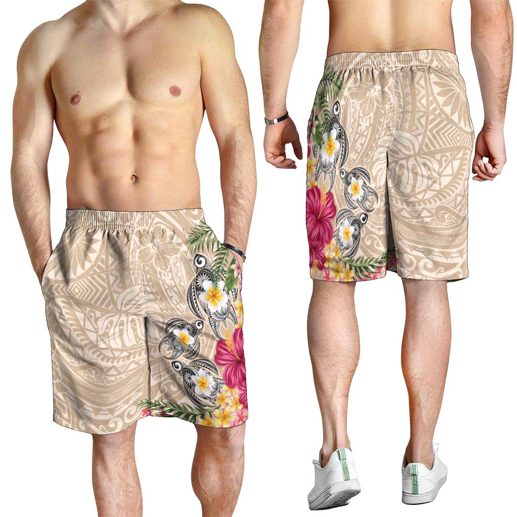 Hawaiian Tropical Flowers and Tribal Turtles Shorts for Men Polynesian Art Motifs Beige Color LT03 - Polynesian Pride