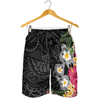 Hawaiian Tropical Flowers and Tribal Turtles Shorts for Men Polynesian Art Motifs Black Color LT03 - Polynesian Pride