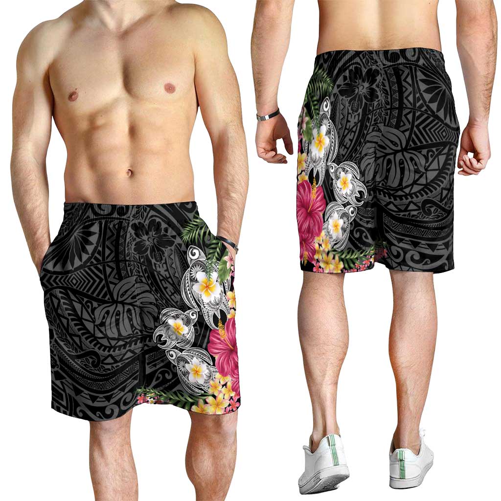 Hawaiian Tropical Flowers and Tribal Turtles Shorts for Men Polynesian Art Motifs Black Color LT03 - Polynesian Pride