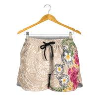 Hawaiian Tropical Flowers and Tribal Turtles Shorts for Women Polynesian Art Motifs Beige Color LT03 - Polynesian Pride