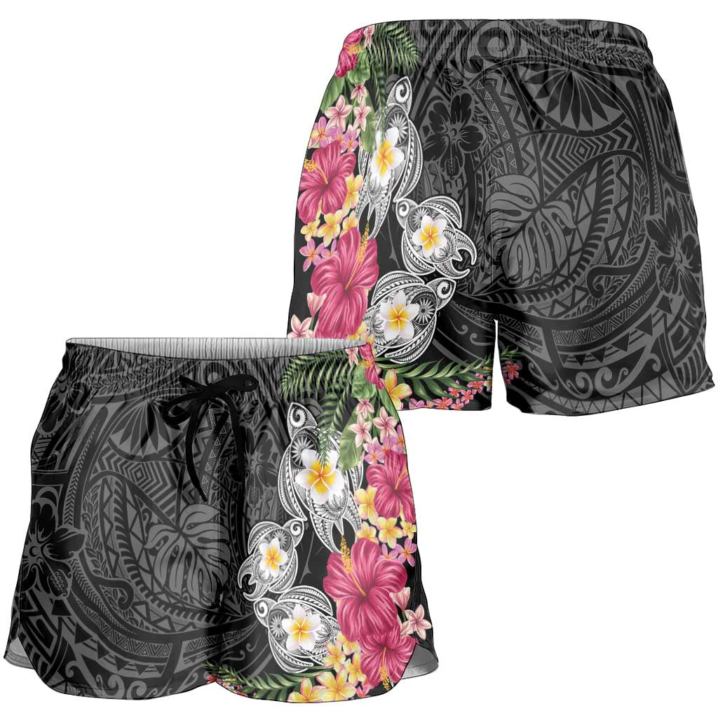 Hawaiian Tropical Flowers and Tribal Turtles Shorts for Women Polynesian Art Motifs Black Color LT03 - Polynesian Pride