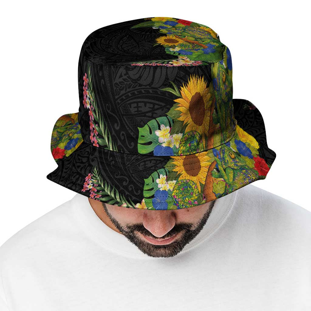 Hawaiian Tropical Plants and Chameleon Bucket Hat Polynesian Art Colorful LT03