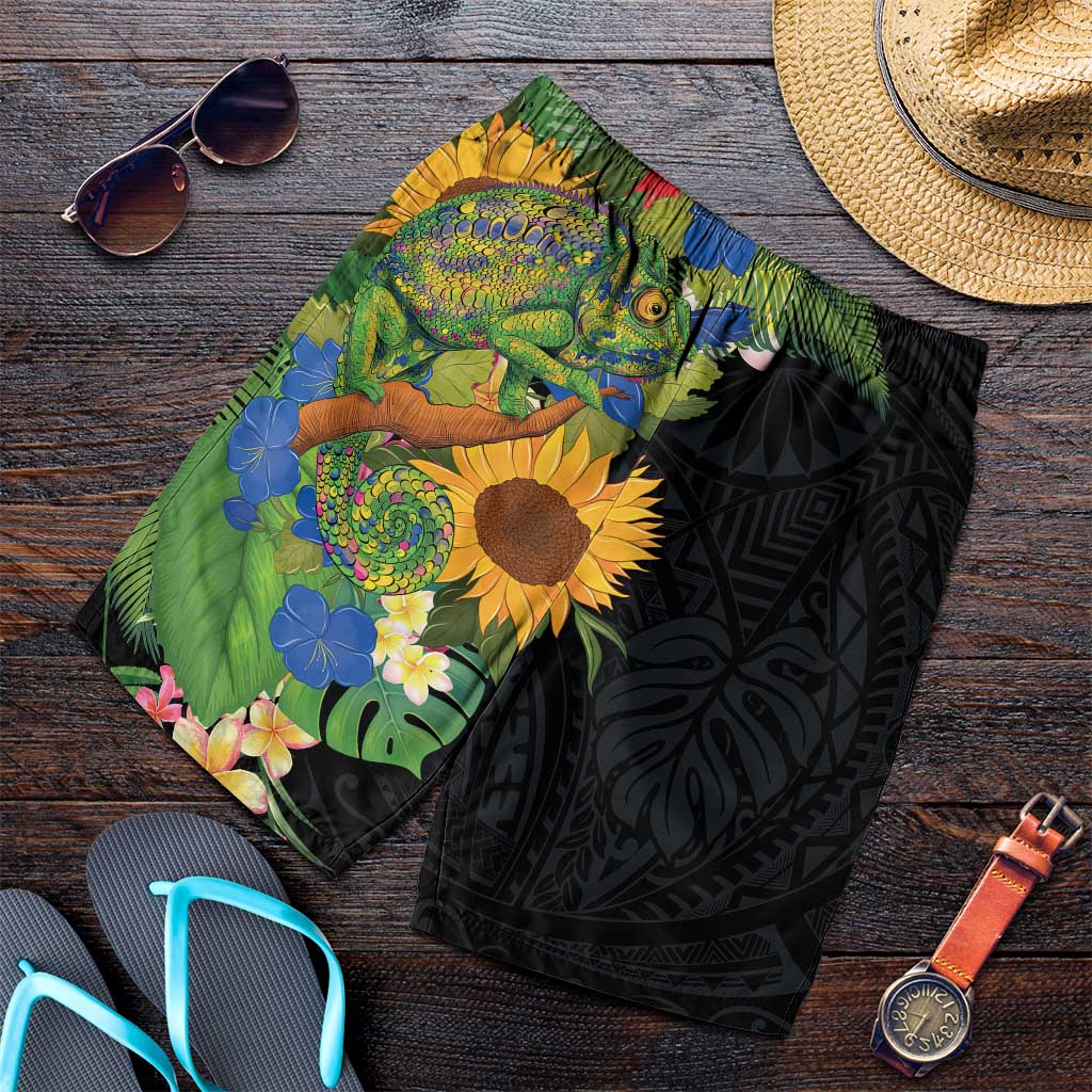 Hawaiian Tropical Plants and Chameleon Shorts for Men Polynesian Art Colorful - Polynesian Pride