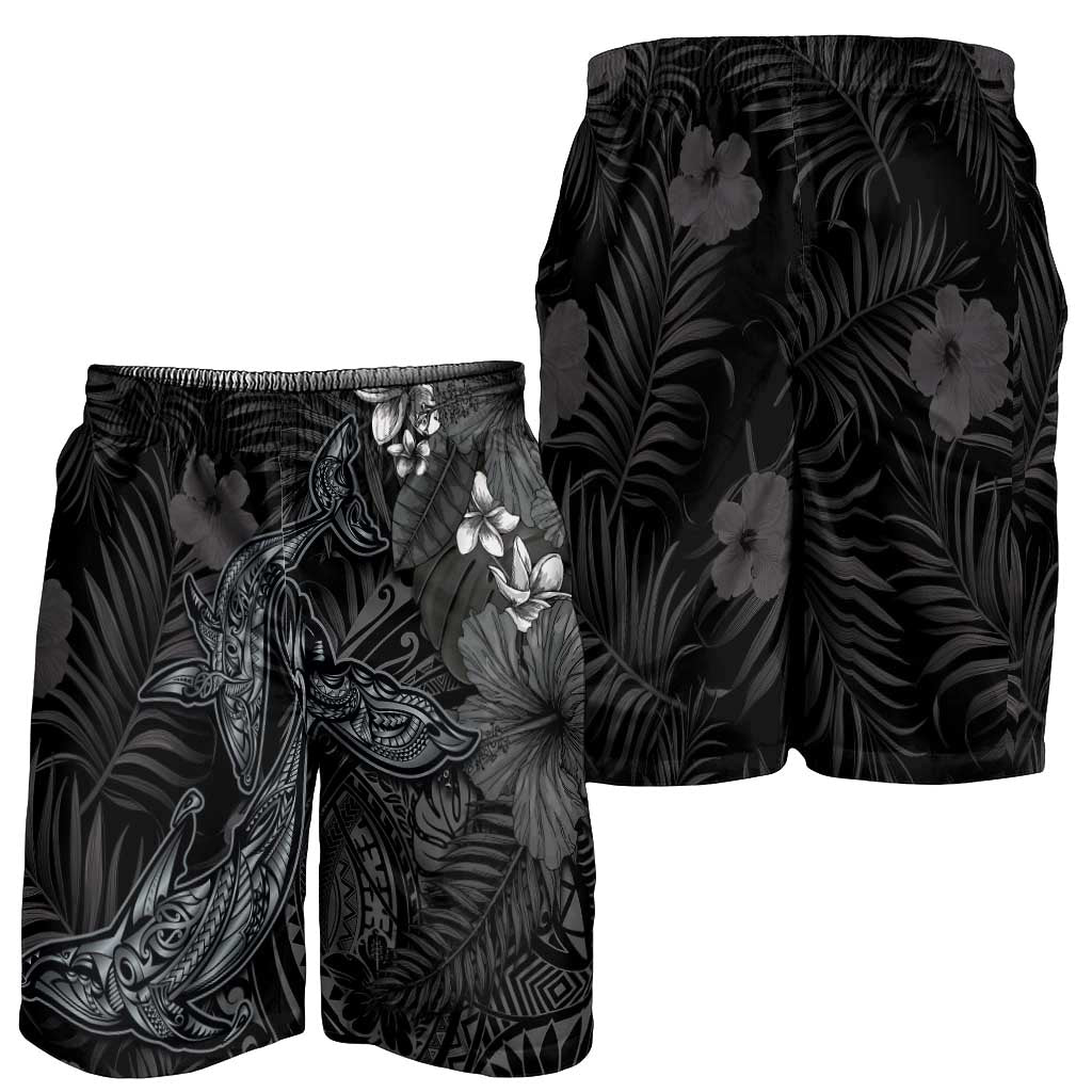 Hawaiian Tropical Plants and Tribal Whales Shorts for Men Polynesian Art Tattoo Grayscale