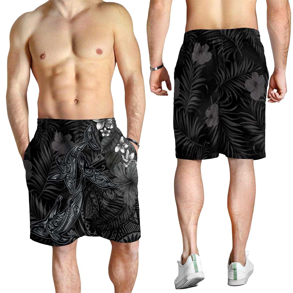Hawaiian Tropical Plants and Tribal Whales Shorts for Men Polynesian Art Tattoo Grayscale