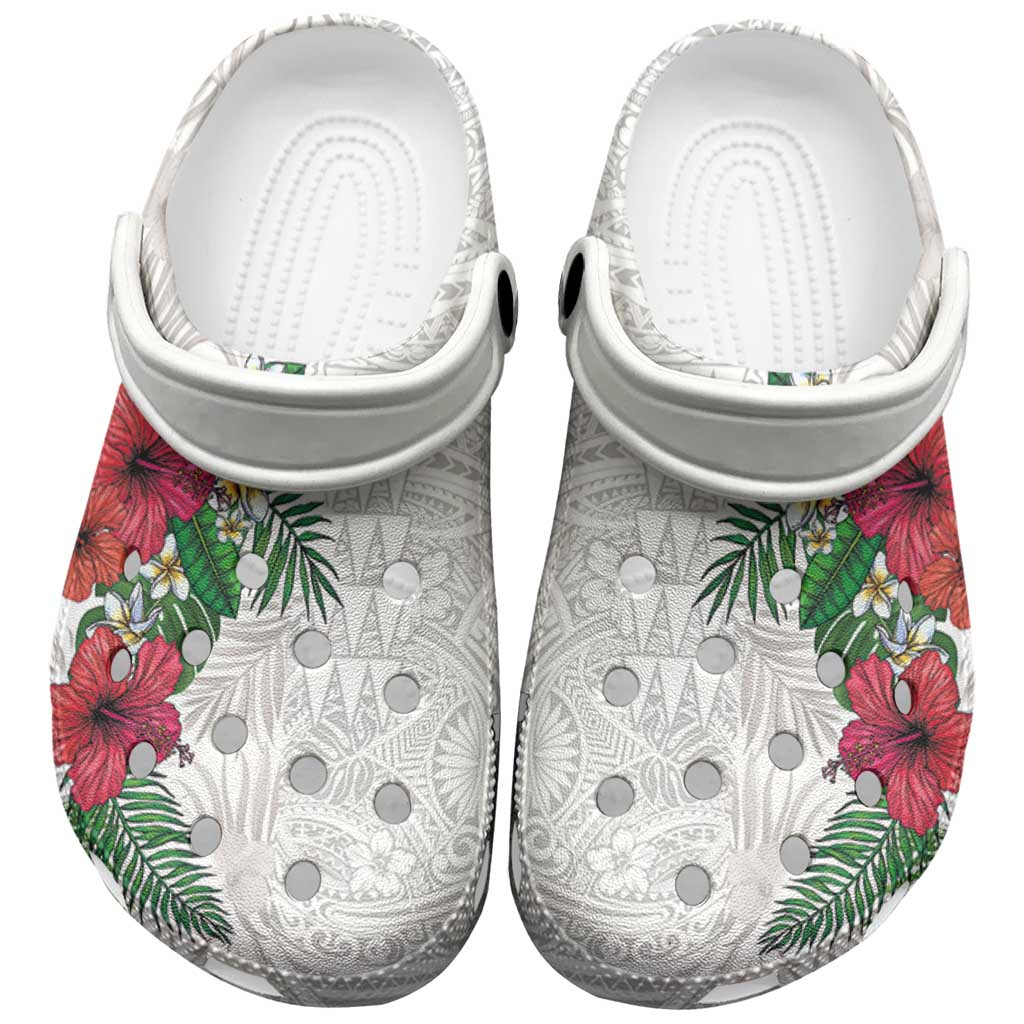 Hawaiian Tropical Plants Clogs Shoes Kakau Tattoo and Polynesian Pattern Half Black White LT03 White - Polynesian Pride