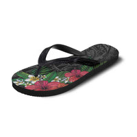 Hawaiian Tropical Plants Flip Flops Kakau Tattoo and Polynesian Pattern Half Black Color