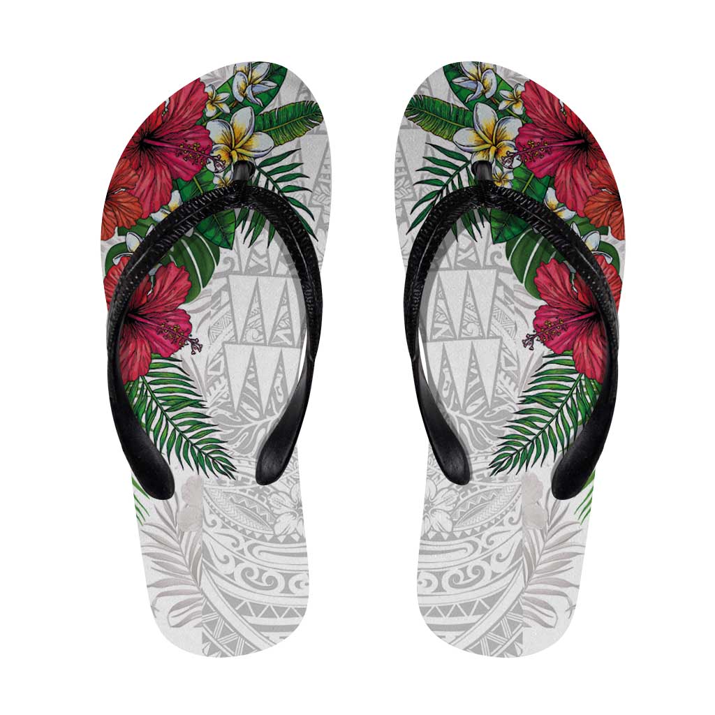 Hawaiian Tropical Plants Flip Flops Kakau Tattoo and Polynesian Pattern Half Black White